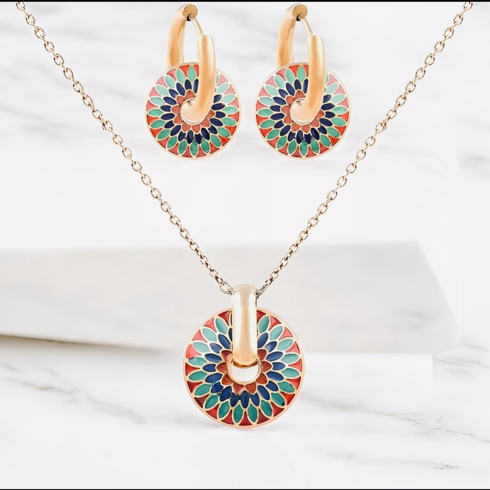 NWT Stainless Steel Colorful Enamel Mandala 3pc Necklace/Earrings Set